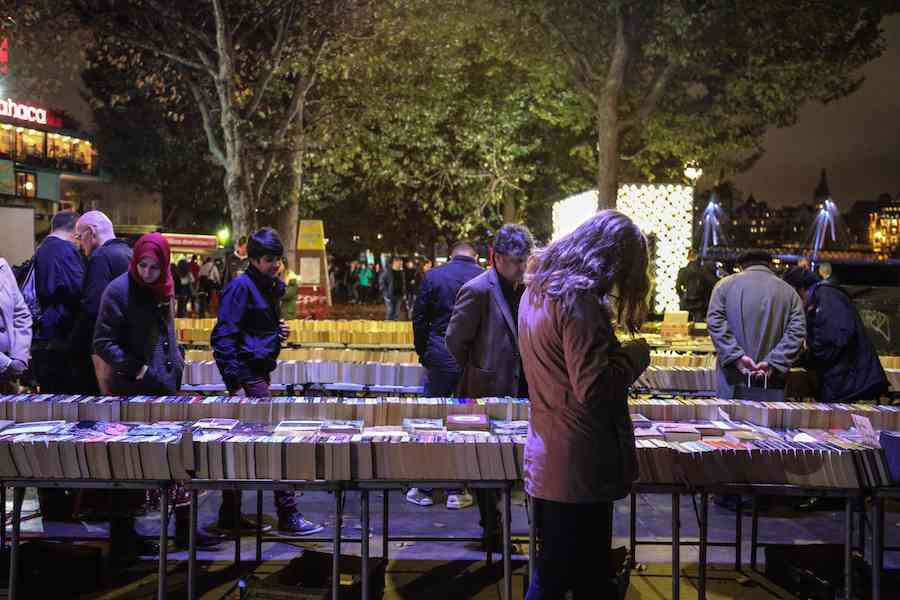 Book stands on South Bank London at night