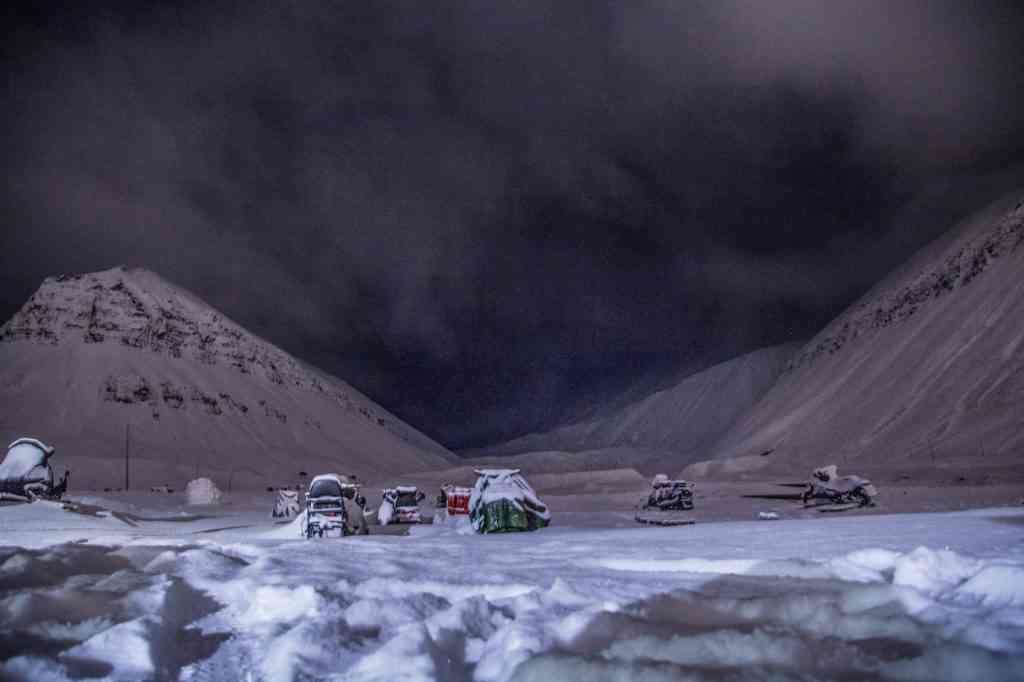 Parked snowmobiles in Longyearbyen, Svalbard